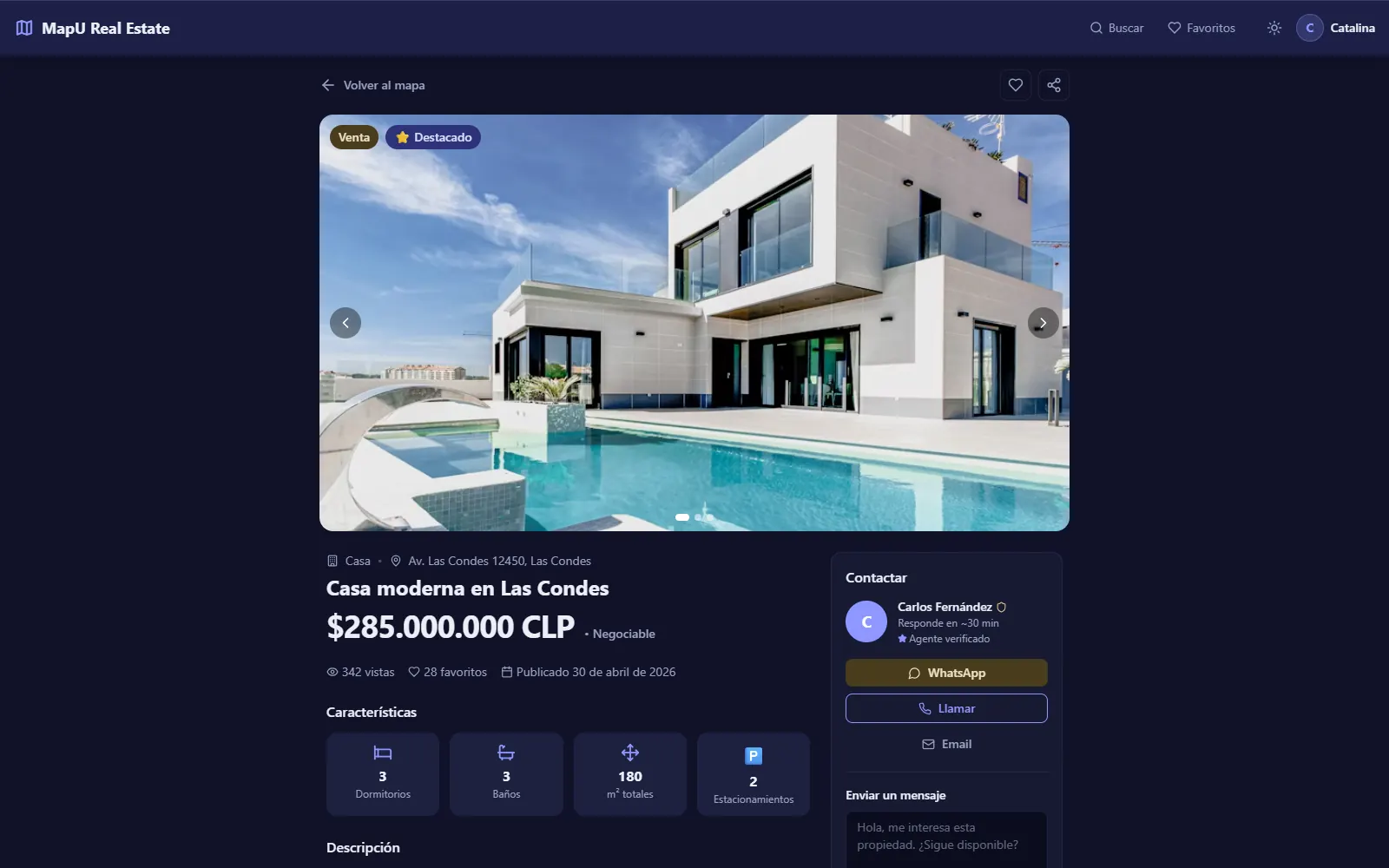 Ficha de una casa en Las Condes con galería, precio, características y contacto del agente