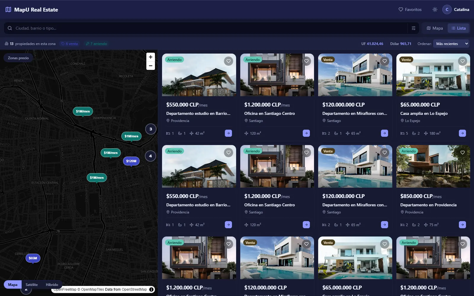 Búsqueda en modo lista: grilla de propiedades con foto, precio y características junto al mapa